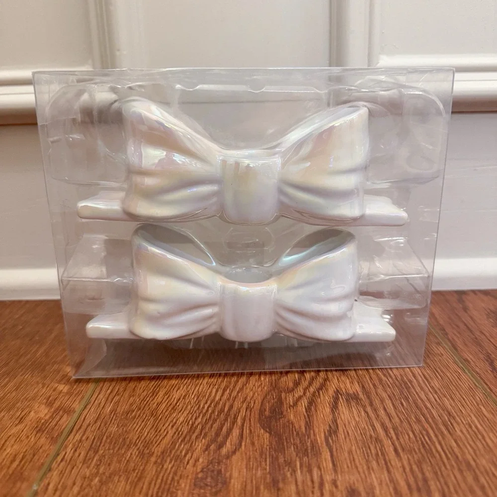 Ceramic Iridescent Bow Taper Candle Holders‎ - Set of 2 New! Holiday Decor Girly